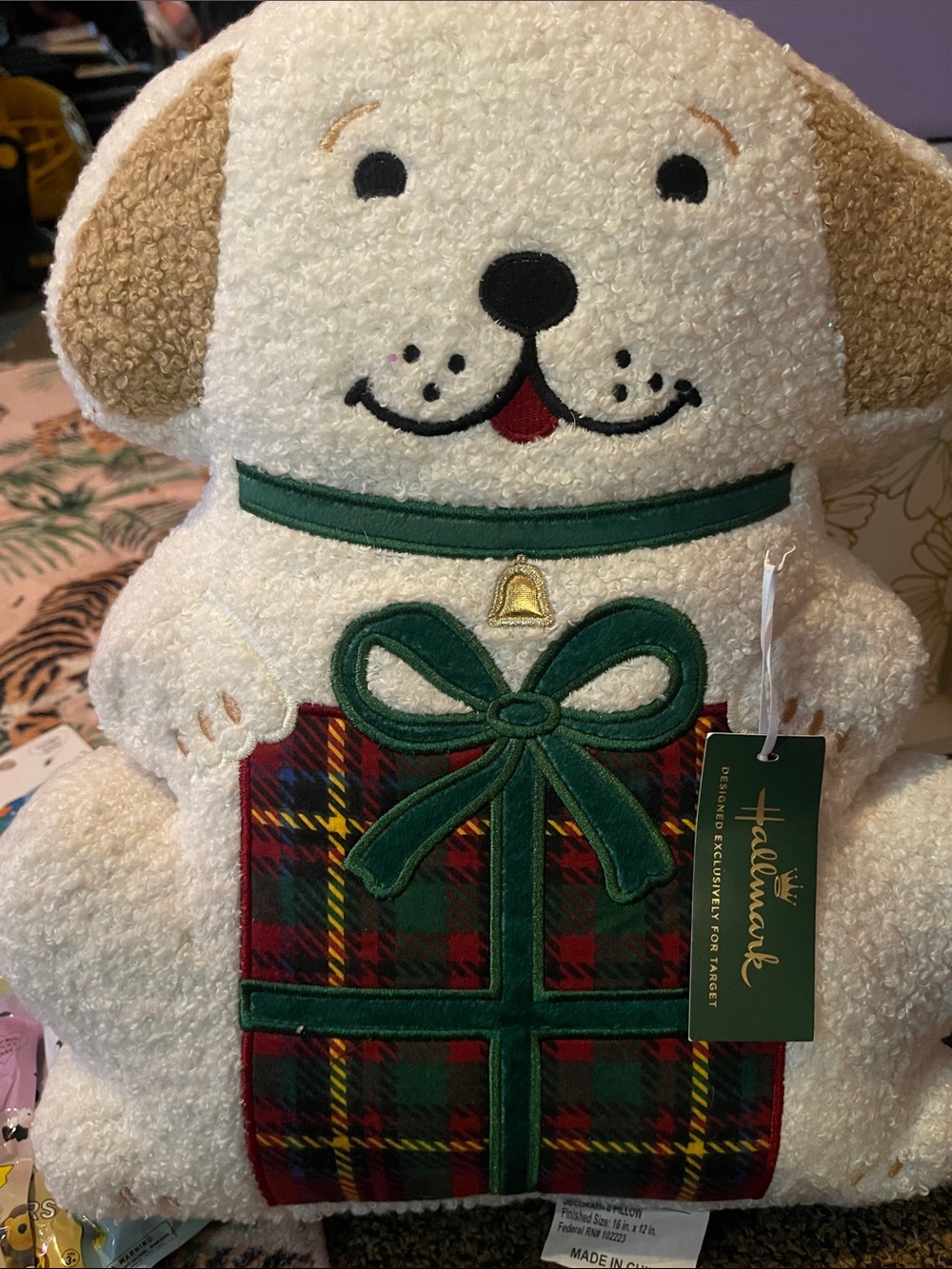 Hallmark Cream Plush Dog with Green Collar and Gold Bell throw pillow